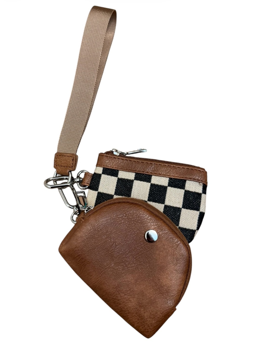 Checkered & Brown Faux Leather Dual Pouch Keychain Wristlet Wallet NWOT